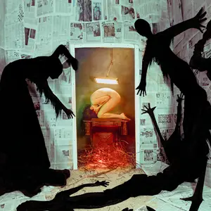 Shadow beings torment a woman through a doorway