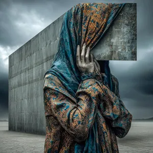 AI photo of a woman in a shawl with a building protruding out from behind her