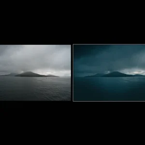side by side edit comparison of a dark and stormy mountain