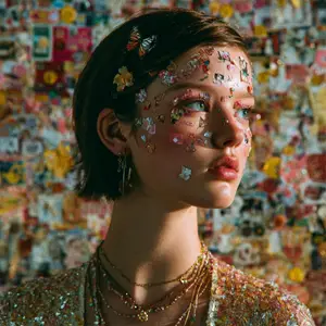 Render of model with vibrant stickers on her face