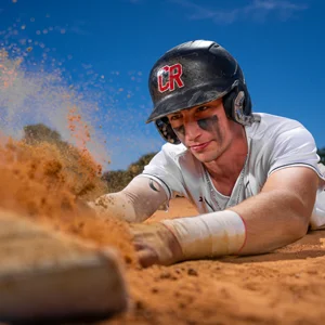 baseball player slides into home, throwing dirt up