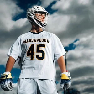 lacrosse player stands in sports equipment