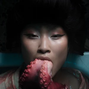 a japanese woman poses in an emotional portrait with the tentacle of an octopus coming out of her mouth