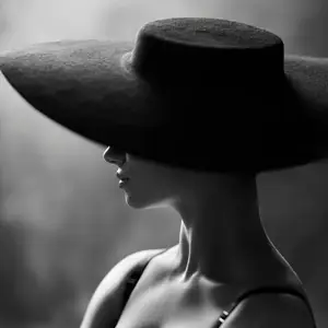 Black and white image of a model in profile, wearing a wide-brimmed black hat that obscures her face