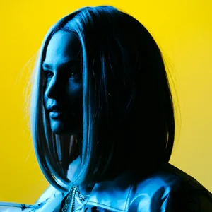 stark two-tone portrait in blue and yellow