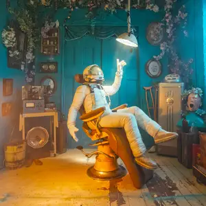 Astronaut reclined in a chair, reaching towards a ceiling light