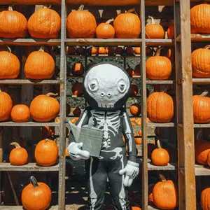 Skeleton costume surrounded by orange pumpkins