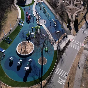 a drone shot of a playground