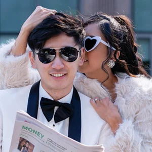 a wedding couple wearing sunglasses