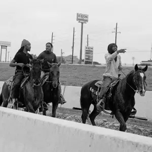 Three men on horses riding along a street median