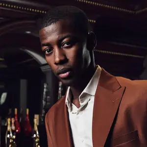 Man in brown suit at a bar