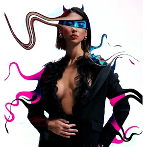 stylish photo of a model posing with horns as whisps of her are fraying off