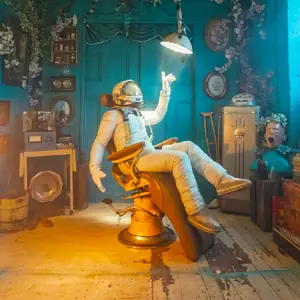 Astronaut sitting in a chair reaching up toward a ceiling light