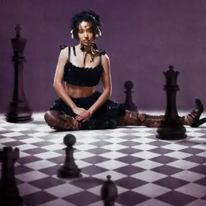 Girl sitting on a chessboard with chess pieces surrounding her