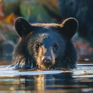 a bear sits half submerged in water