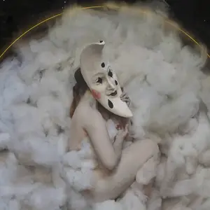 Woman with moon mask on a bed of clouds