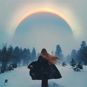 Woman running towards an eclipse in a snowy forest
