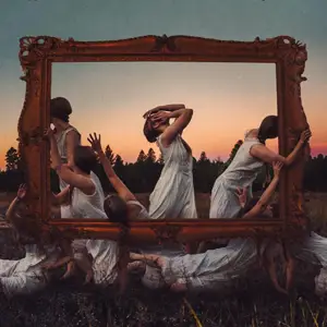 Composite of a woman in a field at sunset, in multiple poses, being framed within an ornate picture frame
