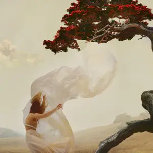 Women in a white, flowy gown, juxtaposed against a blood-red tree that's curved away in the opposite direction