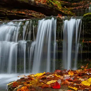 Waterfalls with fall foliage in foreground