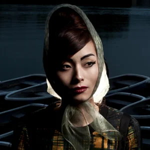 portrait of an asian model in a head silky wrap