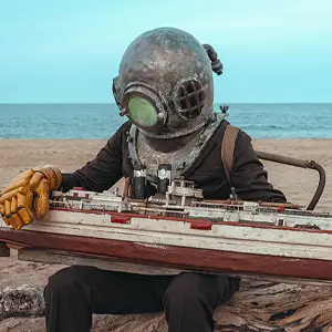 Person in a diving helmet at the beach, holding a model ship