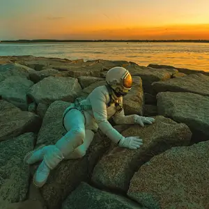 Astronaut crawling on rocks near an ocean at sunset