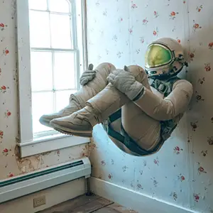 Astronaut floating in midair in a wall-papered room