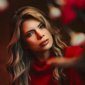 Woman in red reaching her palm out to the camera