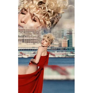 a woman in a red dress in various poses